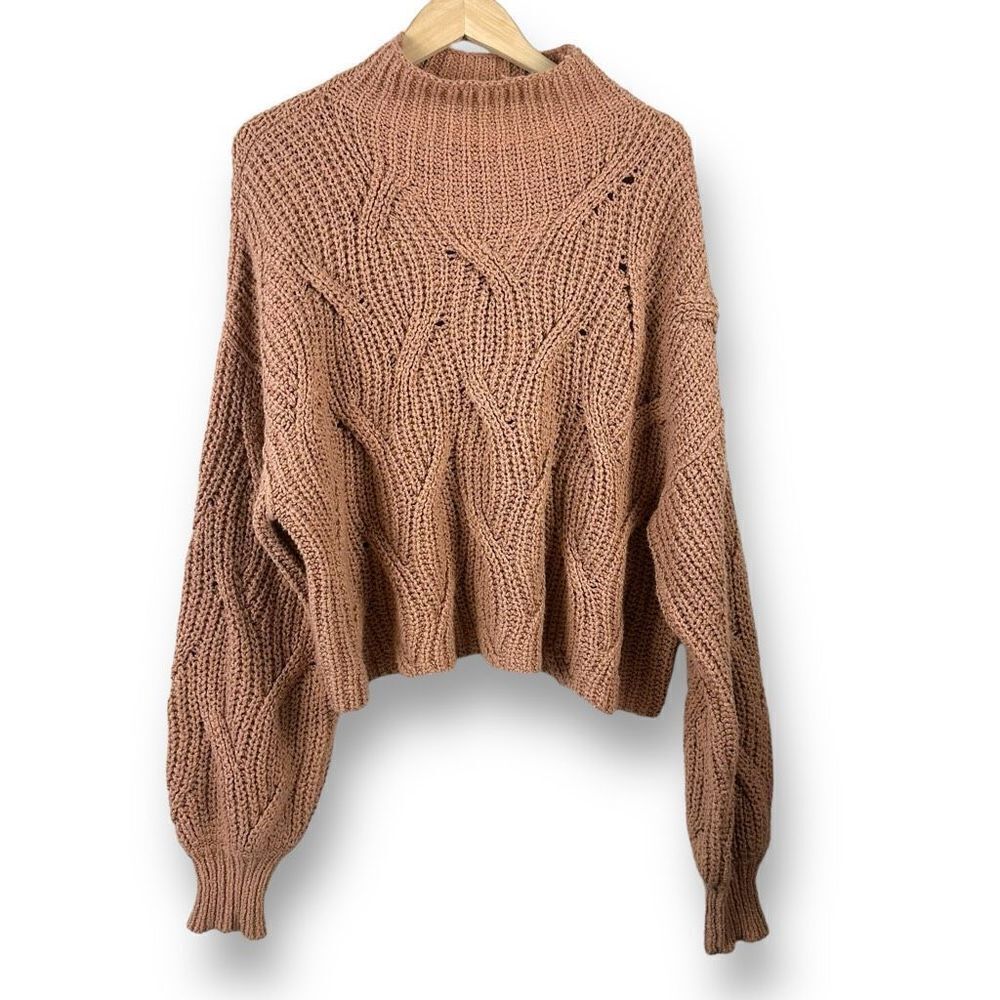 Free People Women's L Seasons Change Mock Neck Sweater Almond‎ Tan Chunky Knit